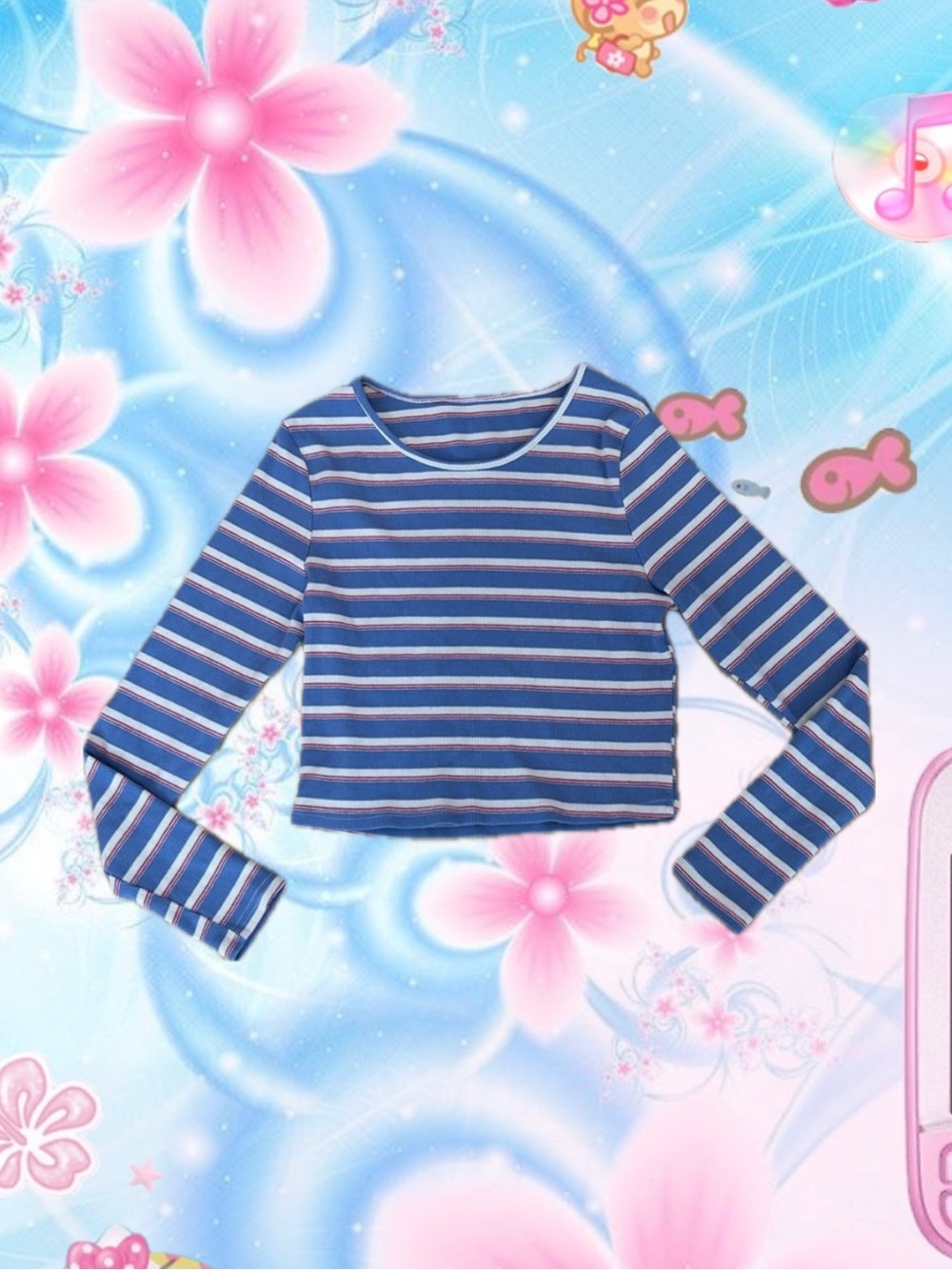 Blue Striped Long-Sleeve Crop Top